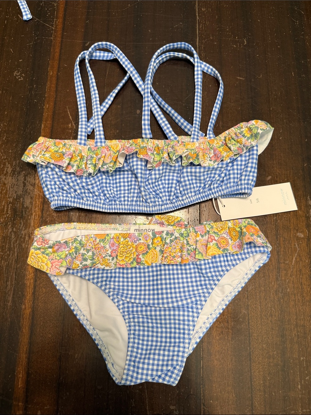 Minnow Blue Gingham Floral Ruffle Kids Bikini